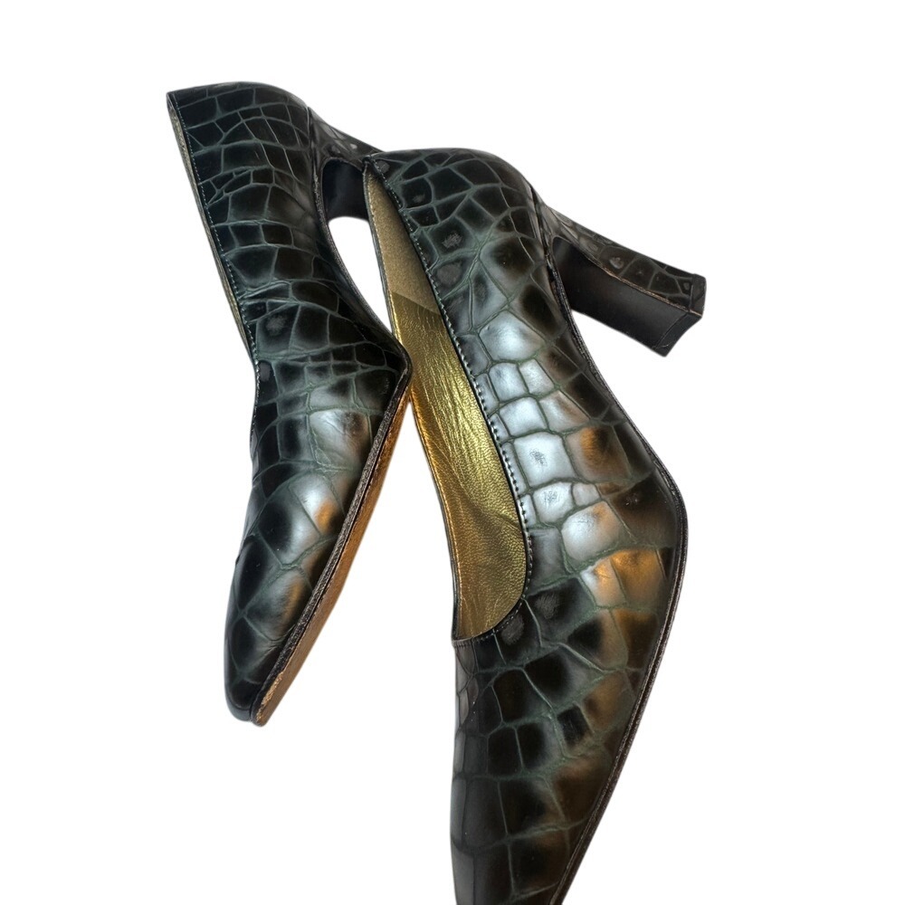 Stuart Weitzman Heels Black Crocodile Embossed Leather Pumps‎ Square Toe